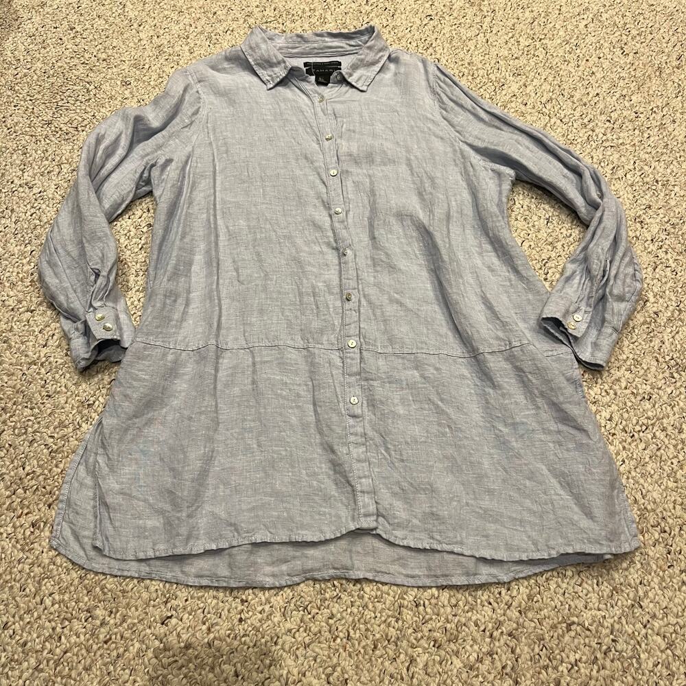 Tahari Essentials Linen Button Down Shirt Sz 1X Light Blue Coastal Preppy Casual